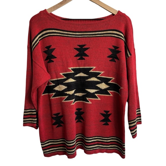 Chaps Southwest Aztec Print Boatneck Res Linen Blend Sweater XL Boho Boatneck - Picture 2 of 6